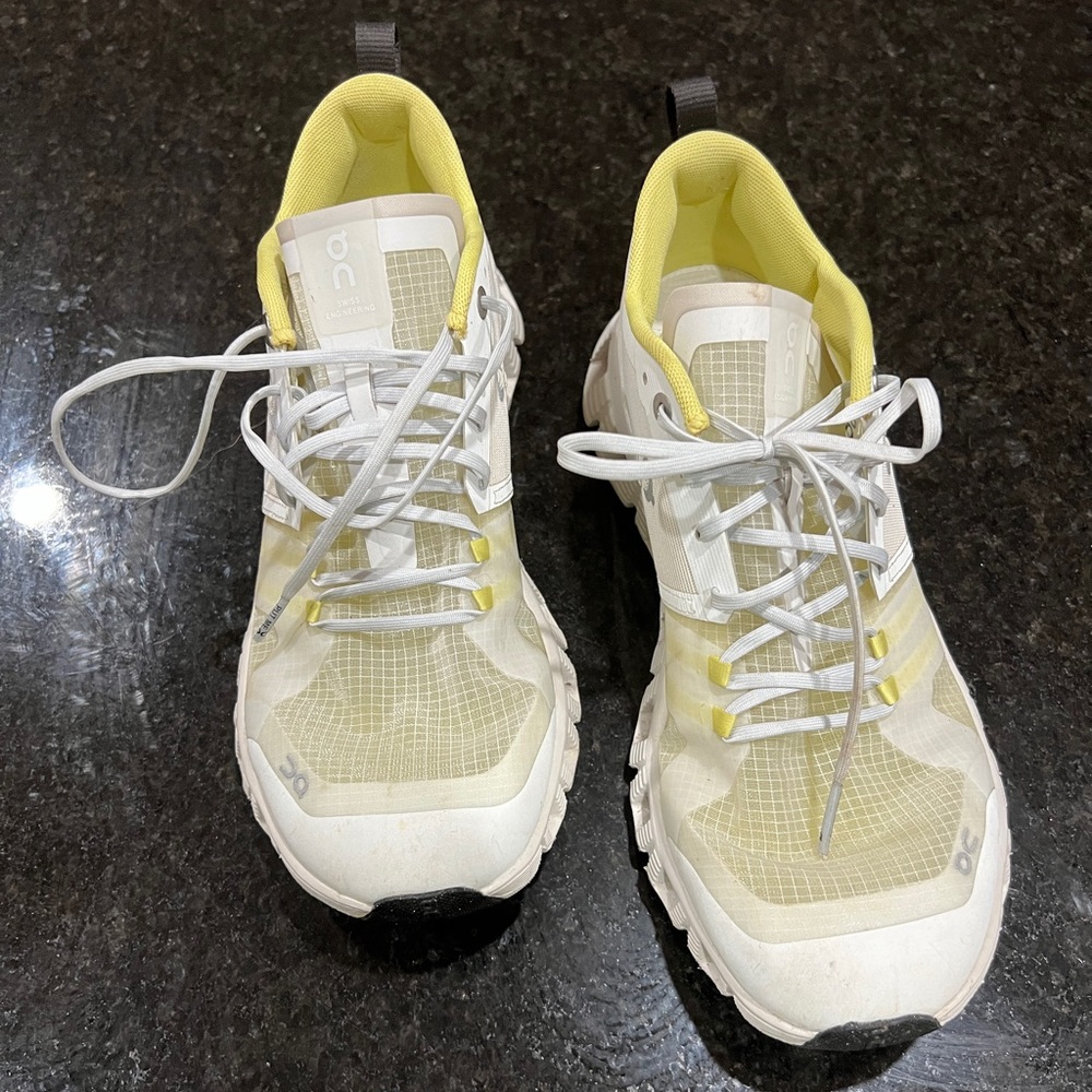 On Sneakers - Bright White and Yellow, lightweight all purpose shoe.